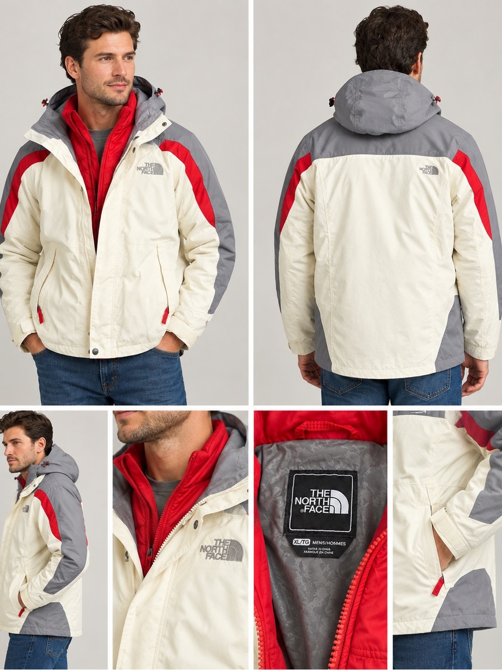 The North Face Men's Cream, Gray & Red Hooded Ski Jacket